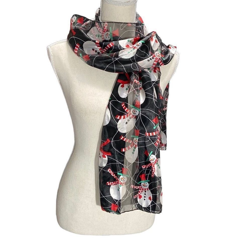Winter Snowman Holiday Scarf Black Red White Green Polyester 13x59